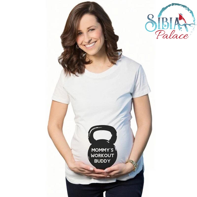 Sibia Palace Funny Mom Workout Buddy Pregnancy Announcement TShirt
