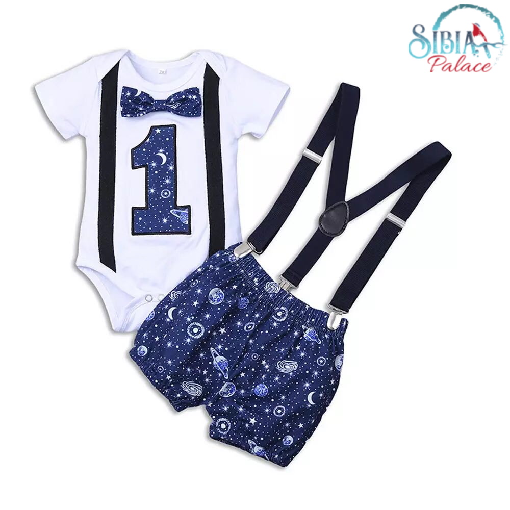 ONE  Baby Boy Prop Cake Birthday Boy Photography Romper Bowtie Outfit Smash 3pcs 
