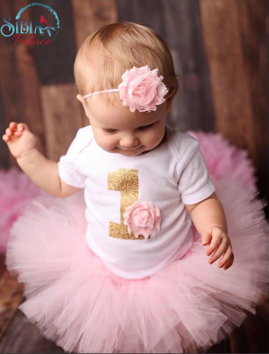 Baby Girls 1st First Birthday Pink Tutu Skirt Outfit Cake Smash Set & Gold Bow 