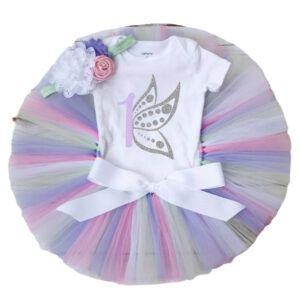 Sibia Palace Baby Girl 1st Birthday One Silver Pastel Butterfly Tutu Outfit
