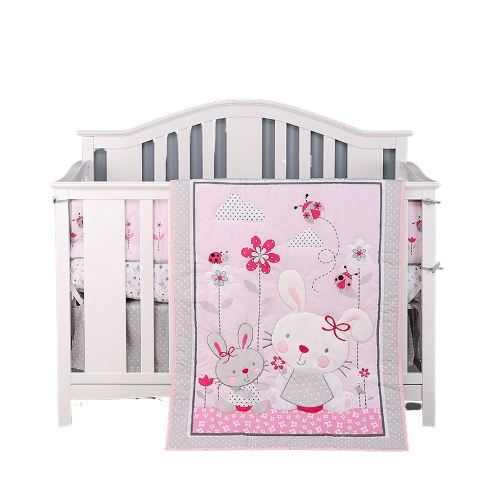 7Pcs Cute Baby Little Bunny Nursery Crib Cot Quilt Bumper Sheet Dust Bedding Set 